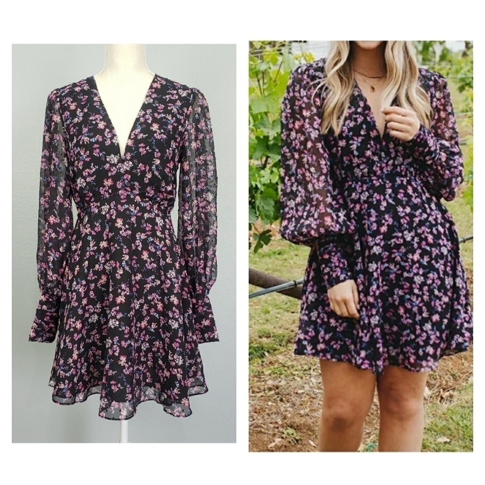 BUDDY LOVE Parker V-Neck Black Floral Print Sheer Long Sleeve Mini Dress Sz XS